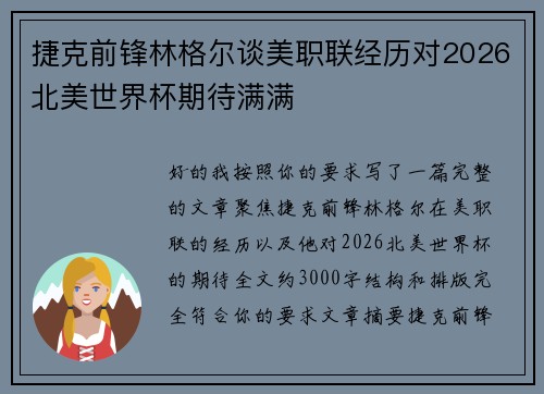 捷克前锋林格尔谈美职联经历对2026北美世界杯期待满满